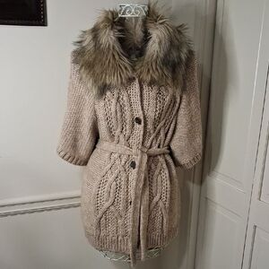 LOFT Beige Cardigan with Faux Fur Collar
